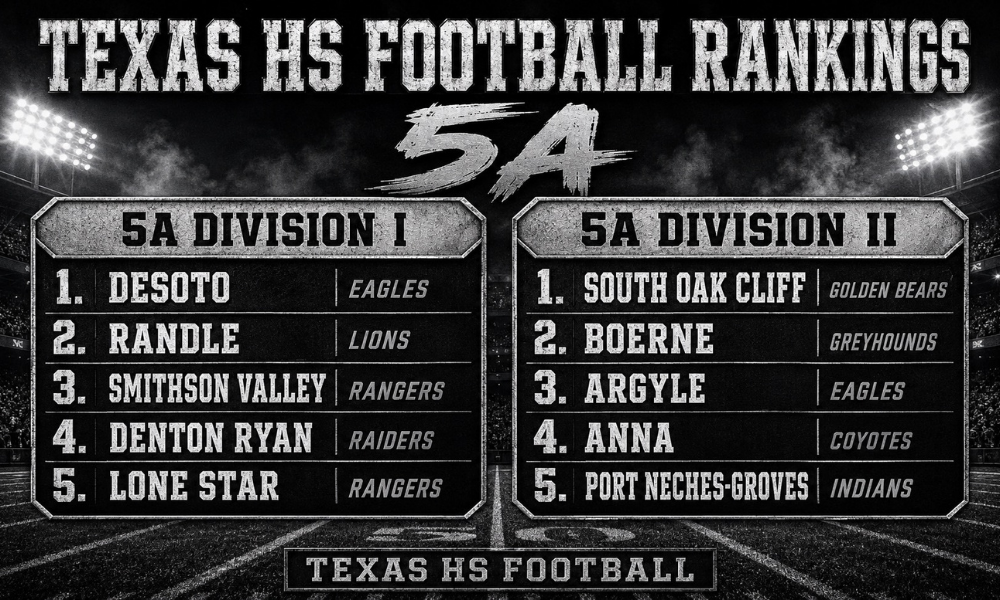 Texas HS Football 5A rankings graphic showing the top five teams in 5A Division I and 5A Division II, led by DeSoto and South Oak Cliff.