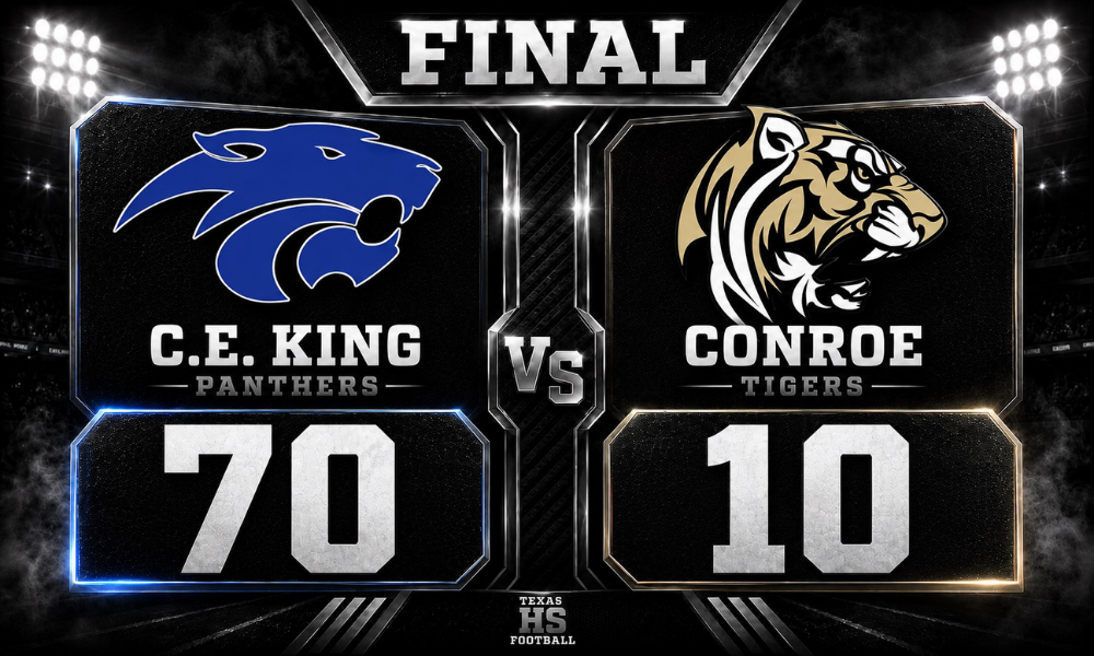 C.E. King Panthers defeat the Conroe Tigers 70-10 in a Texas High School football final score graphic.