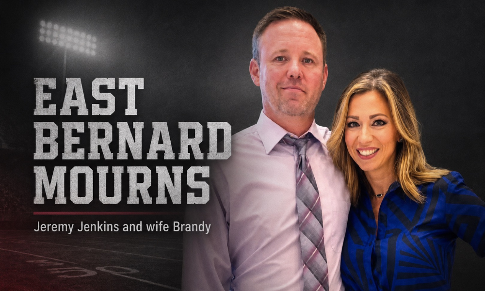 East Bernard head football coach Jeremy Jenkins and his wife, Brandy Jenkins, pictured together in a memorial graphic following their deaths.