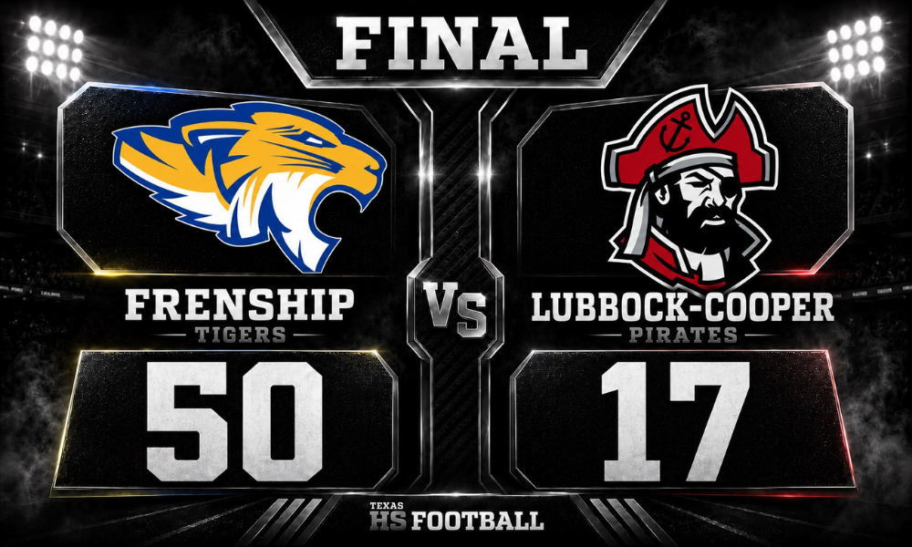 Frenship Tigers defeat the Lubbock-Cooper Pirates 50-17 in a Texas High School football final score graphic.