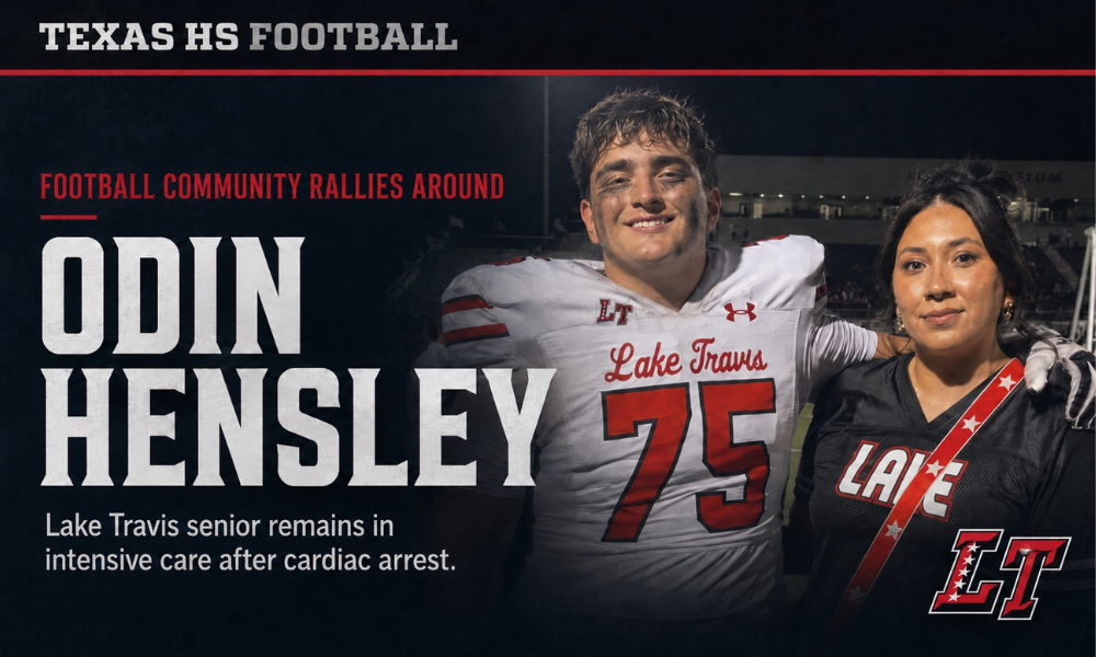 Lake Travis senior football player Odin Hensley in uniform with a supporter, featured in a Texas HS Football graphic after suffering cardiac arrest during practice.