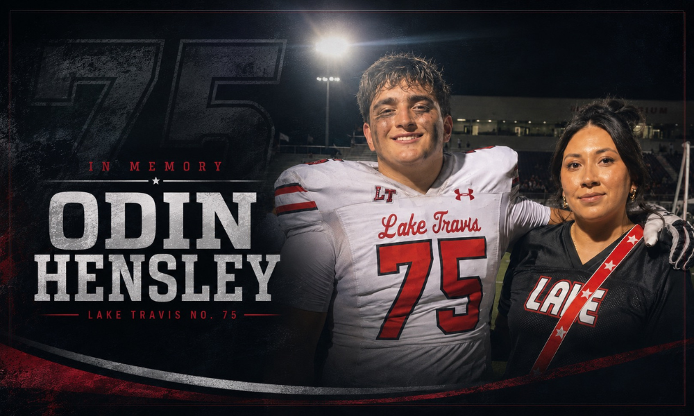 Memorial graphic honoring Lake Travis High School football player Odin Hensley, No. 75, with his photo at a nighttime stadium and “In Memory” tribute text.