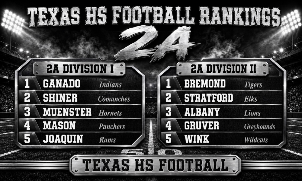 Texas HS Football 2A rankings graphic featuring the top five teams in Division I and Division II, led by Ganado and Bremond after Week 1.
