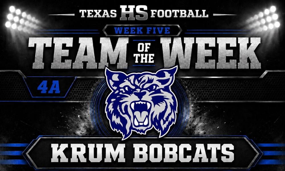 Texas HS Football Week Five 4A Team of the Week graphic featuring the Krum Bobcats logo on a dark stadium background with blue, silver and black accents.