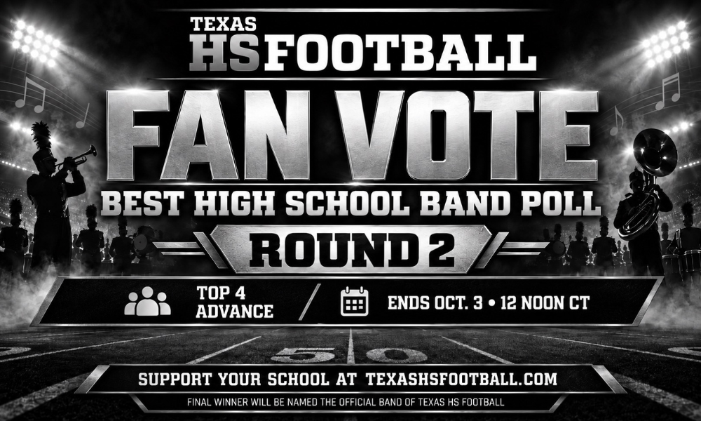 Texas HS Football Best High School Band Fan Vote Round 2 graphic featuring marching band silhouettes, stadium lights, and voting details.