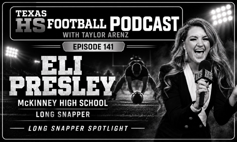 Texas HS Football Podcast Episode 141 cover featuring McKinney High School senior long snapper Eli Presley and host Taylor Arenz.