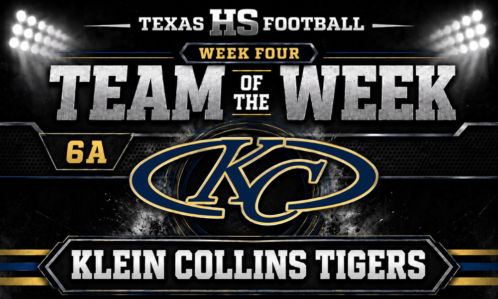 Klein Collins Tigers named the Texas HS Football Team of the Week for Class 6A in a navy, gold, silver, and black graphic featuring the Klein Collins logo.