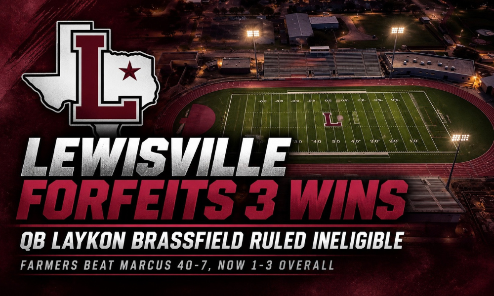 Lewisville High School logo and stadium with a headline announcing three forfeited wins after quarterback Laykon Brassfield was ruled ineligible.