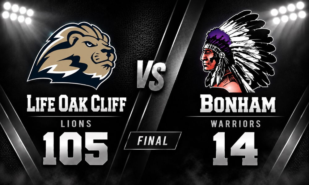 Life Oak Cliff Lions and Bonham Warriors cover image following Life Oak Cliff’s historic 105-14 Texas High School football victory on September 11, 2026.