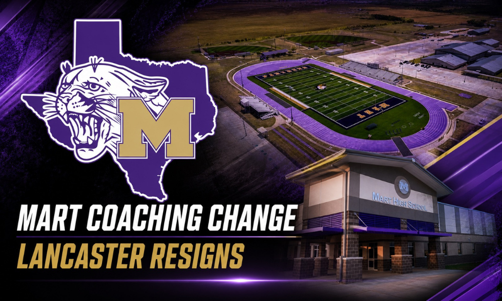 Mart Panthers football graphic featuring the Mart stadium, high school and team logo following Chris Lancaster’s resignation as head football coach.