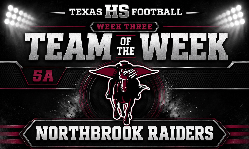 Northbrook Raiders named the Texas HS Football Team of the Week for Class 5A in a maroon, black, silver, and white graphic featuring the Raiders logo.