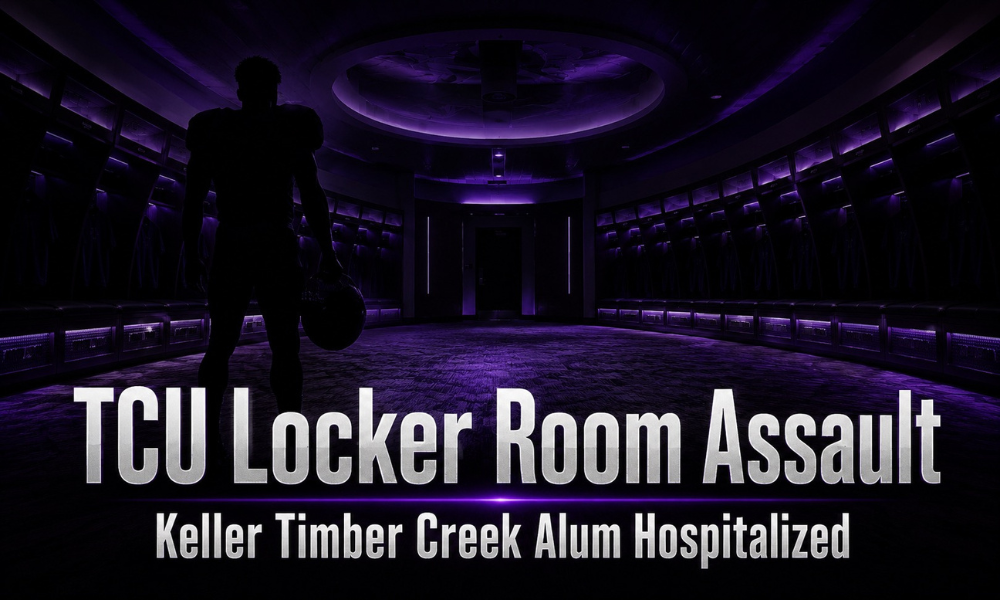Graphic featuring a football player silhouetted in a dark purple locker room with bold text overlay reading 'TCU Locker Room Assault: Keller Timber Creek Alum Hospitalized.'