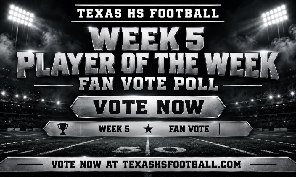 Week 5 Texas HS Football Player of the Week fan vote poll graphic with metallic silver lettering, stadium lights and a Vote Now banner.