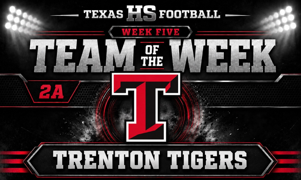 Texas HS Football Week Five 2A Team of the Week graphic featuring the Trenton Tigers logo on a black stadium-style background.