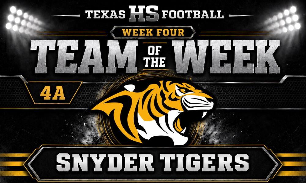 Texas HS Football Week Four 4A Team of the Week graphic featuring the Snyder Tigers logo on a black stadium-style background with silver text and gold accents.