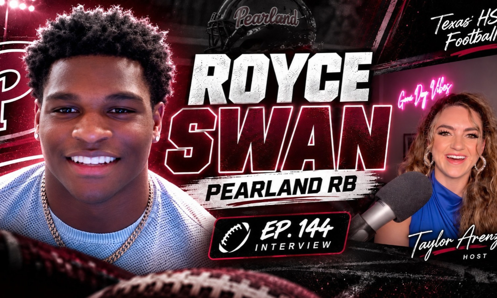 Pearland running back Royce Swan with host Taylor Arenz on the Texas HS Football Podcast Episode 144 YouTube interview cover.