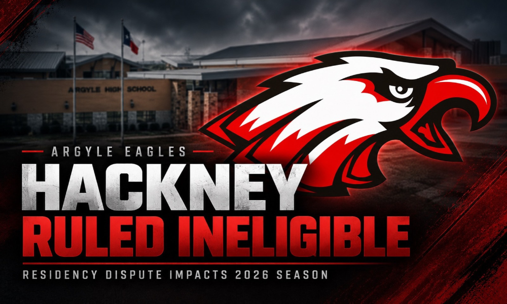 Argyle Eagles football graphic showing Argyle High School and the Eagles logo with text announcing quarterback Hayes Hackney was ruled ineligible for the remainder of the 2026 season.