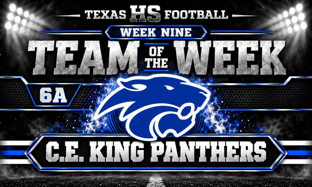 Texas HS Football Week Nine 6A Team of the Week graphic featuring the C.E. King Panthers logo in blue and white on a black stadium-themed background.