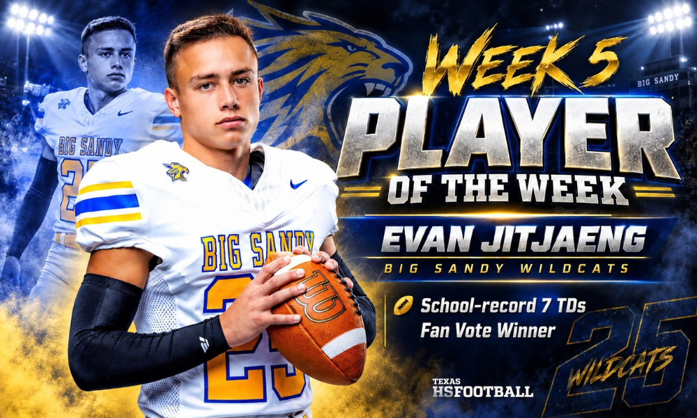 Evan Jitjaeng in his No. 25 Big Sandy Wildcats uniform on a blue-and-gold Week 5 Player of the Week graphic with the Texas HS Football logo.