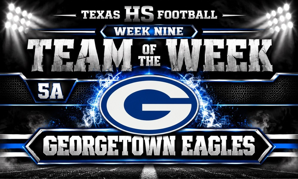 Georgetown Eagles named Texas HS Football's Week Nine 5A Team of the Week following a dramatic 41-38 upset of A&M Consolidated. Graphic features Georgetown's blue and white G logo against a dark football stadium background with metallic silver lettering and blue accents.