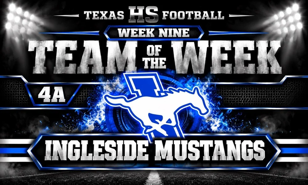 Ingleside Mustangs named Texas HS Football's Week Nine 4A Team of the Week after defeating London 31-28 on a game-winning field goal as time expired. Graphic features the Ingleside Mustangs blue and white logo, metallic silver lettering, and electric-blue accents against a dark football stadium background.