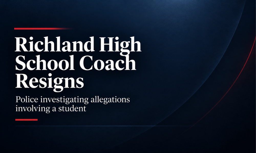 News graphic reporting the resignation of a Richland High School assistant coach amid a North Richland Hills police investigation into allegations of an inappropriate relationship with a student.