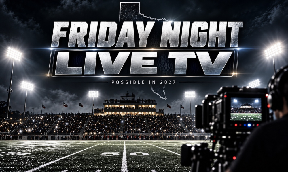 Texas High School football graphic showing a television broadcast camera overlooking a packed Friday night stadium as the UIL considers allowing live linear TV broadcasts beginning in 2027.